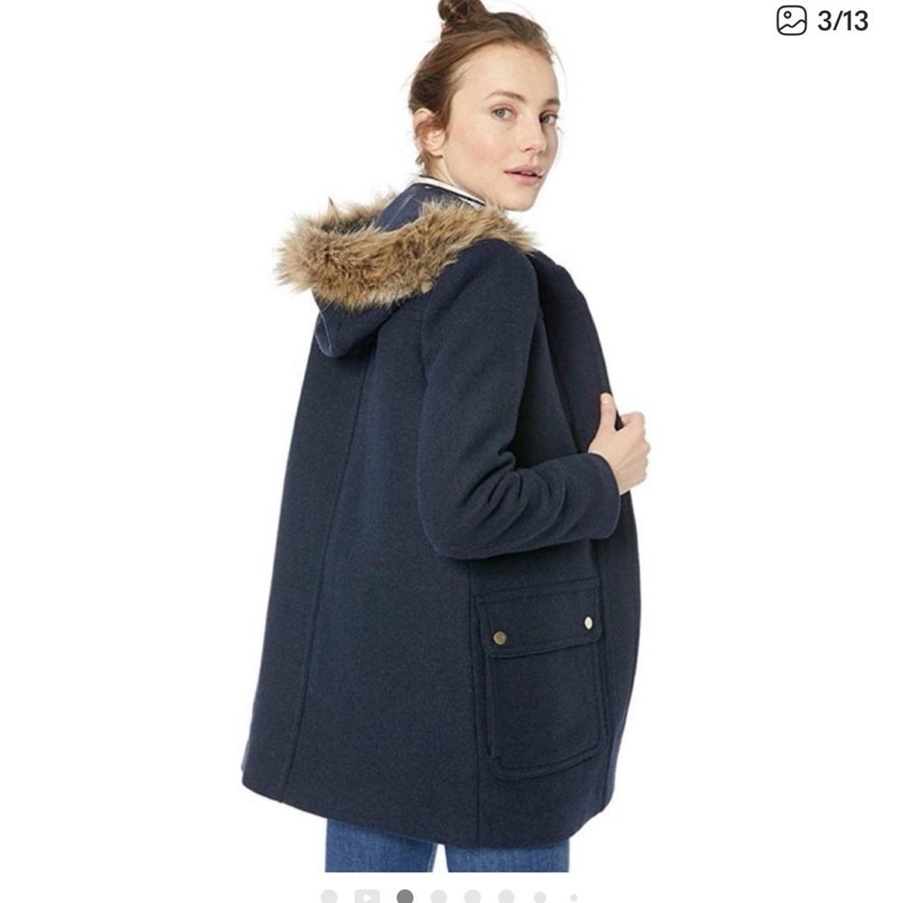 J. Crew mercantile wool navy blue faux fur hooded coat - Picture 12 of 13
